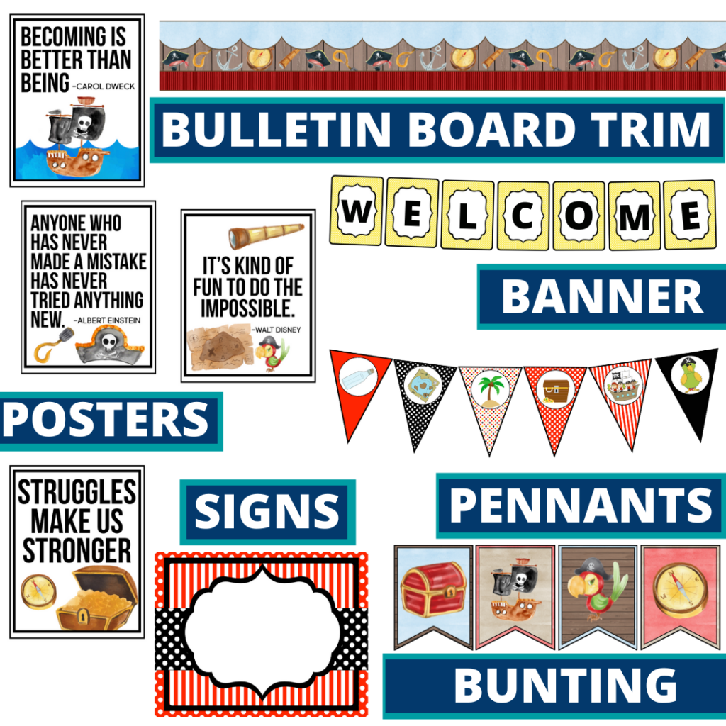 pirates theme bulletin board trim with pennants, banner and bunting