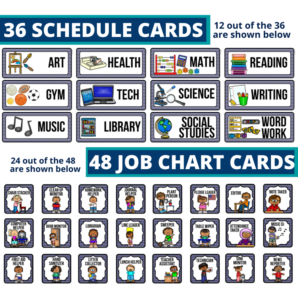 editable elementary schedule cards and job chart labels with a nautical theme