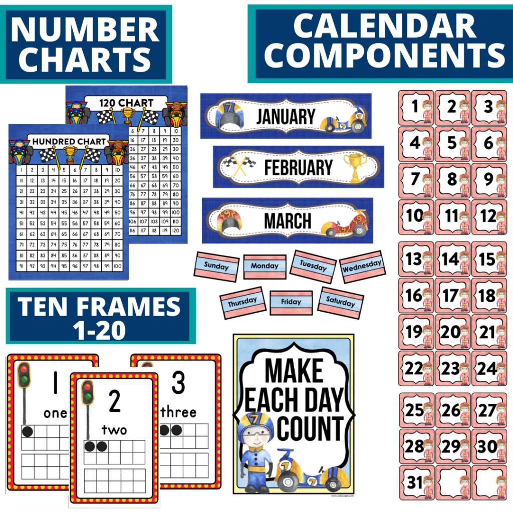 DIY printable classroom calendar for elementary teachers using a racing classroom theme