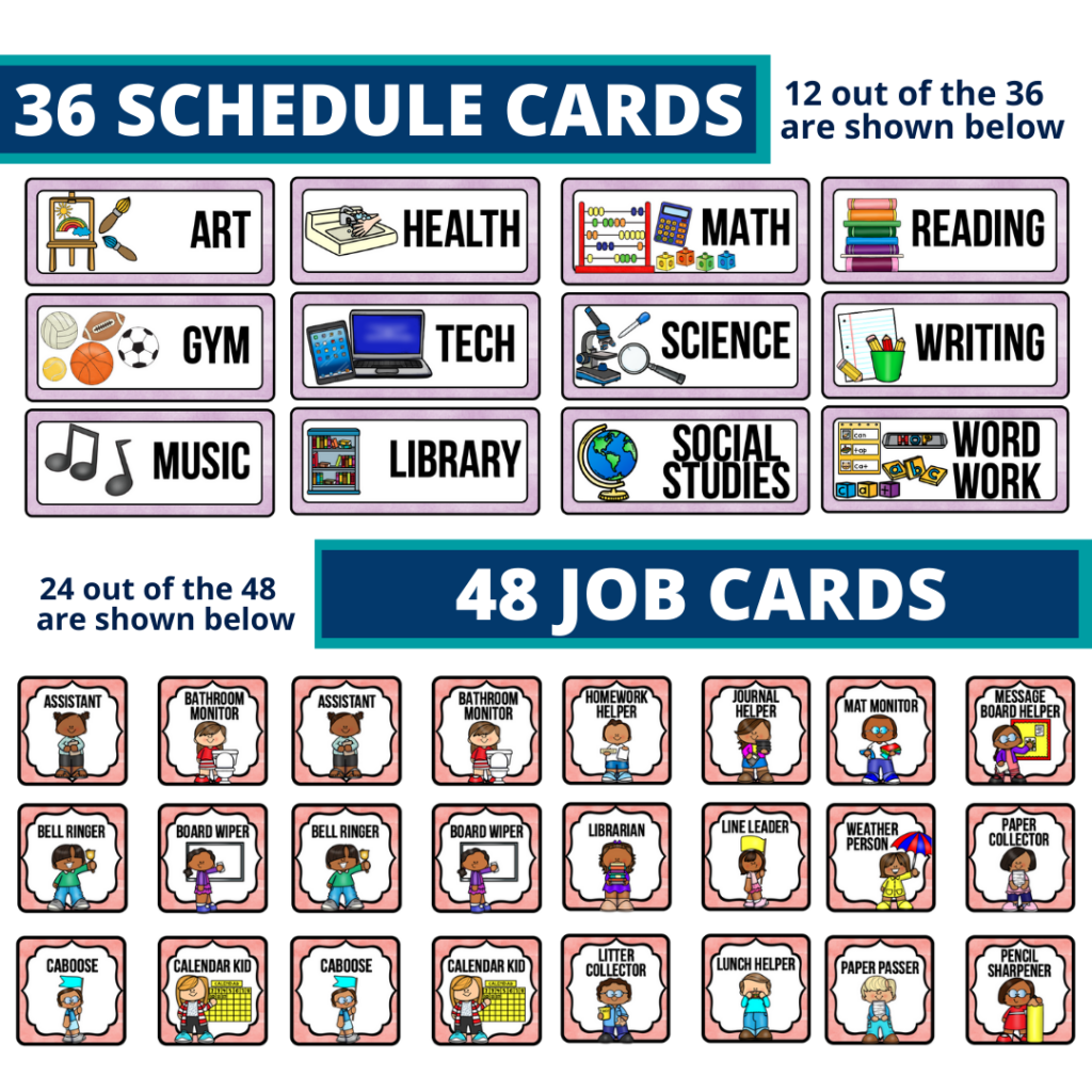editable elementary schedule cards and job chart labels with a rainbow theme