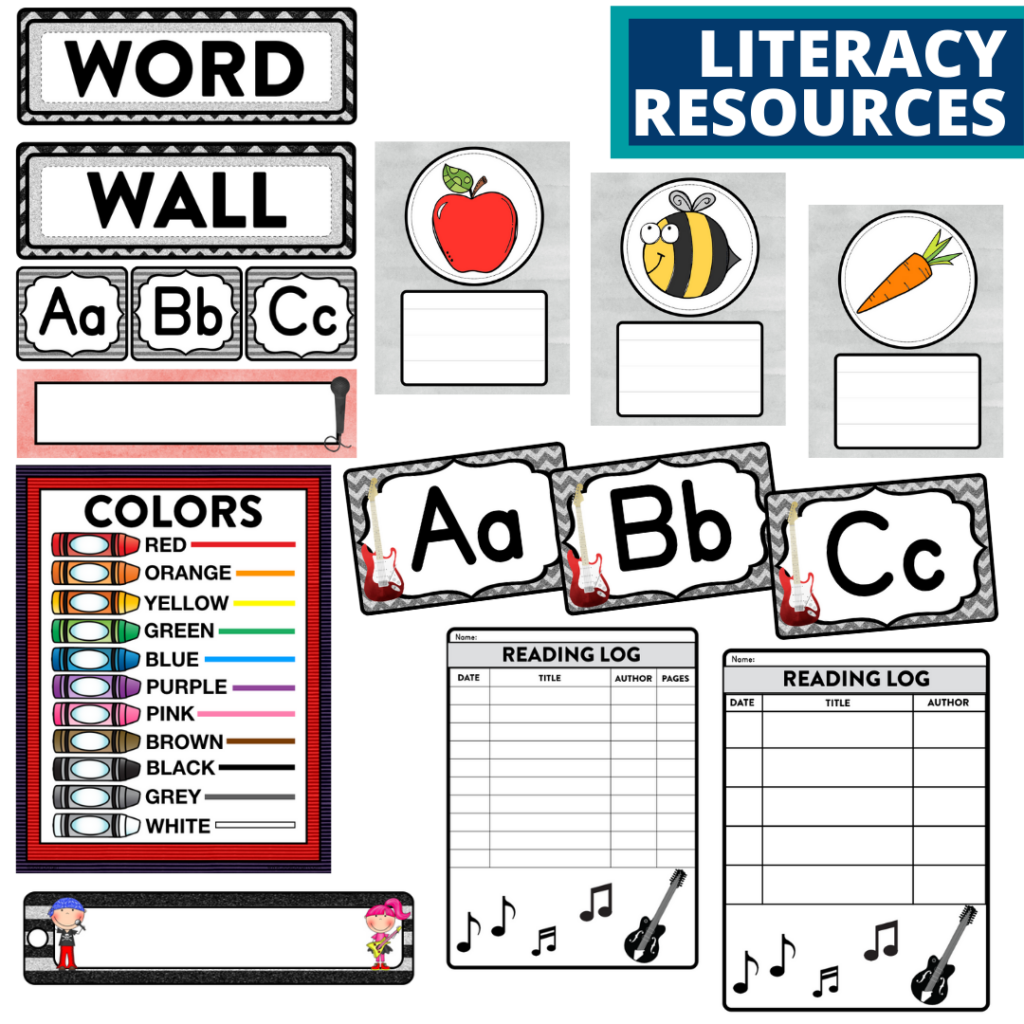 elementary classroom word wall and reading logs for a rock and roll themed classroom