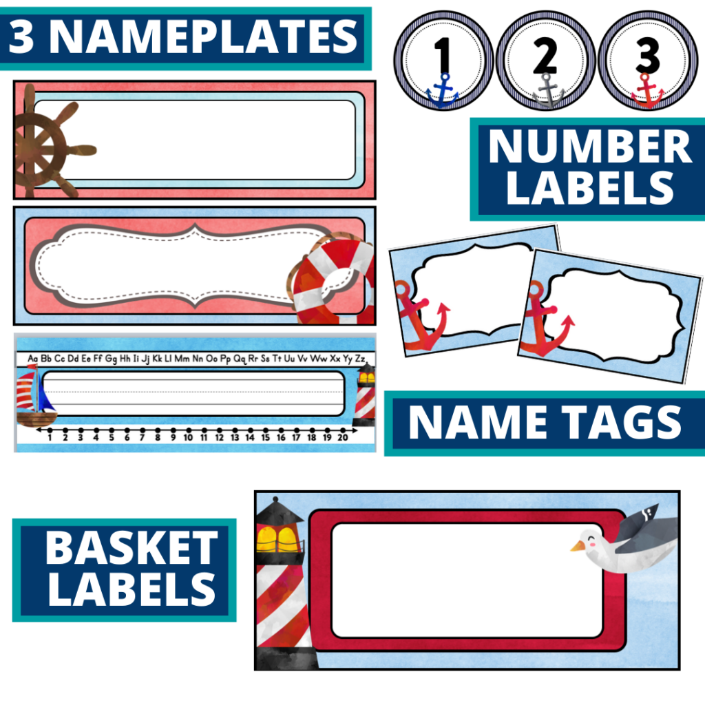 editable nameplates and basket labels for a nautical themed classroom