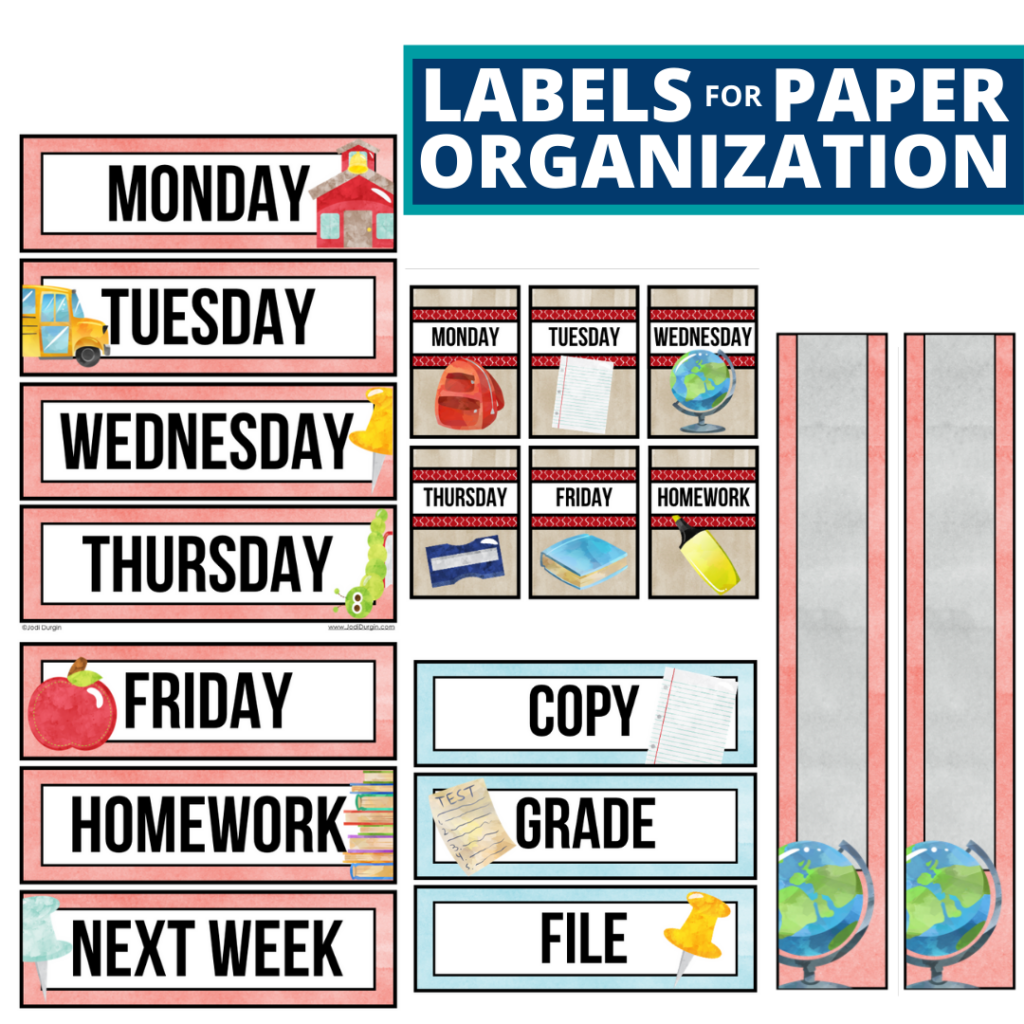 school theme labels for paper organization in the classroom
