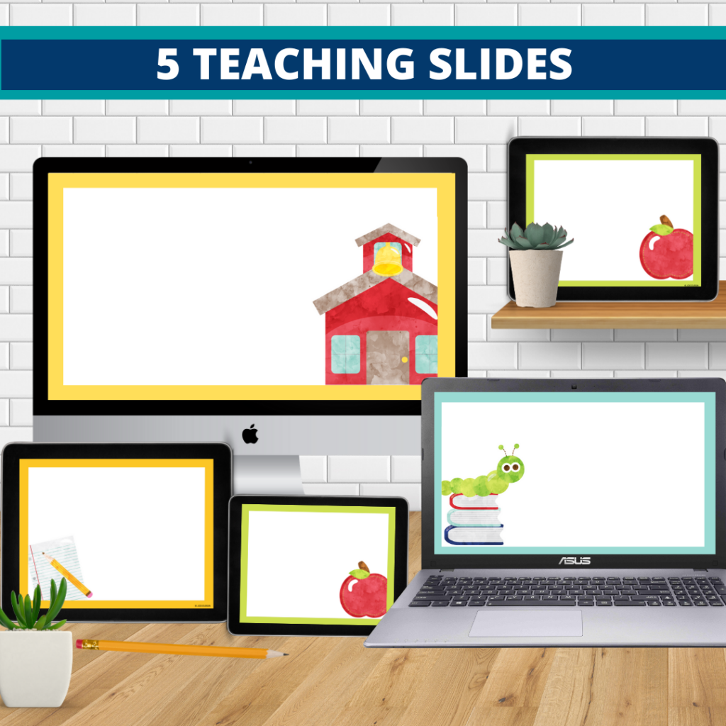 school theme google classroom slides and powerpoint templates for elementary teachers shown on computers