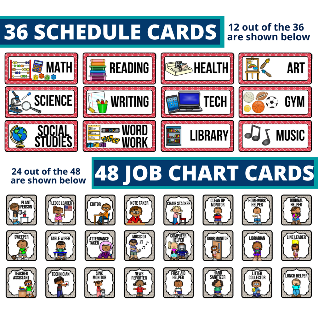 editable elementary schedule cards and job chart labels with a school theme