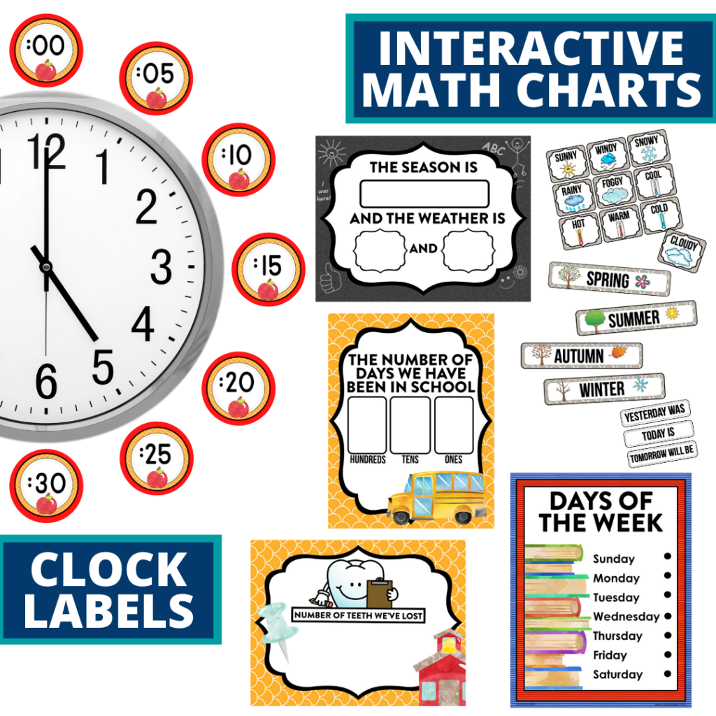 school themed math resources for telling time, place value and the days of the week