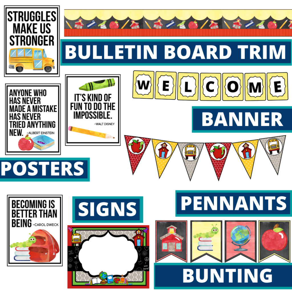 school theme bulletin board trim with pennants, banner and bunting