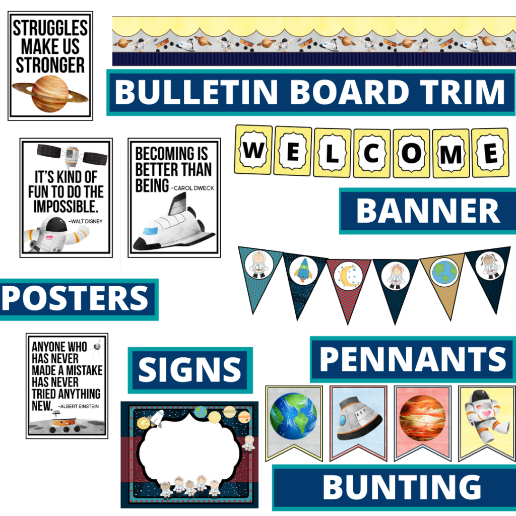 space theme bulletin board trim with pennants, banner and bunting