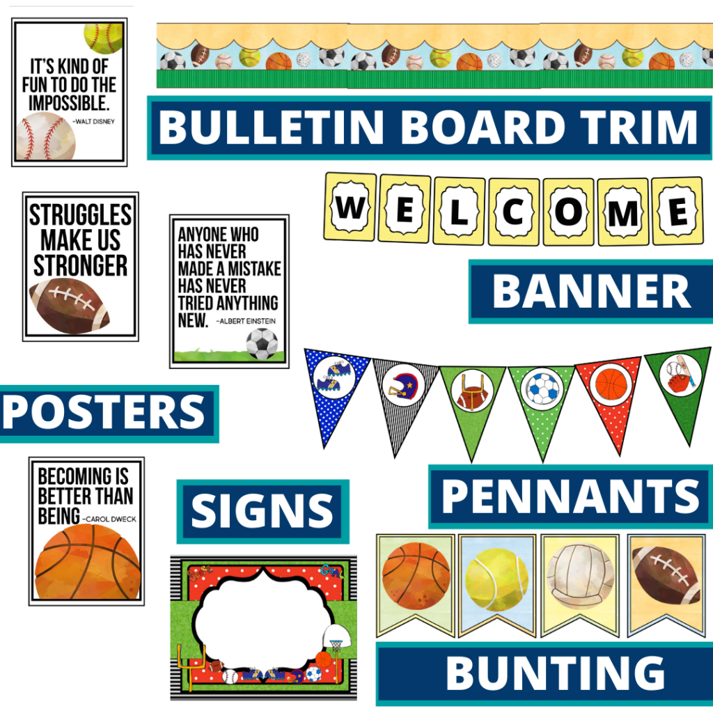 sports theme bulletin board trim with pennants, banner and bunting