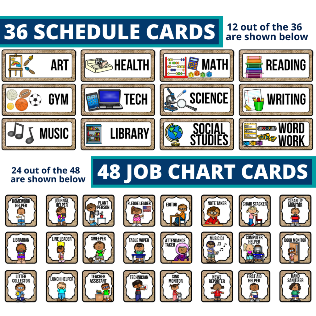 editable elementary schedule cards and job chart labels with a sunflower theme