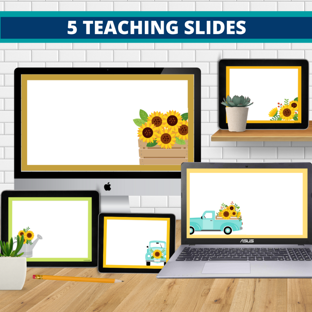 sunflower theme google classroom slides and powerpoint templates for elementary teachers shown on computers