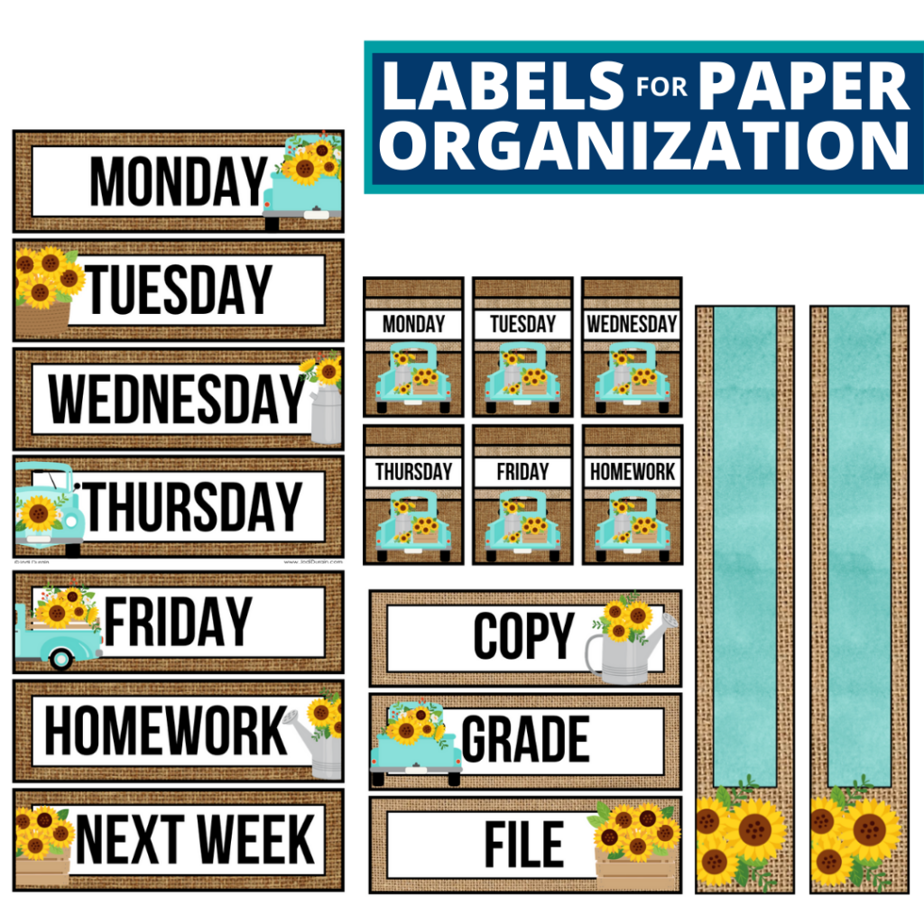 sunflower theme labels for paper organization in the classroom