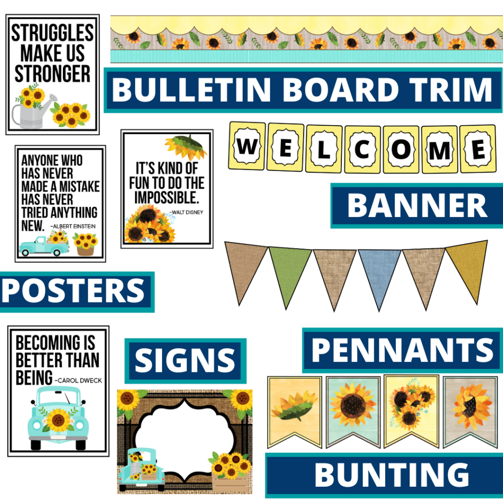 sunflower theme bulletin board trim with pennants, banner and bunting