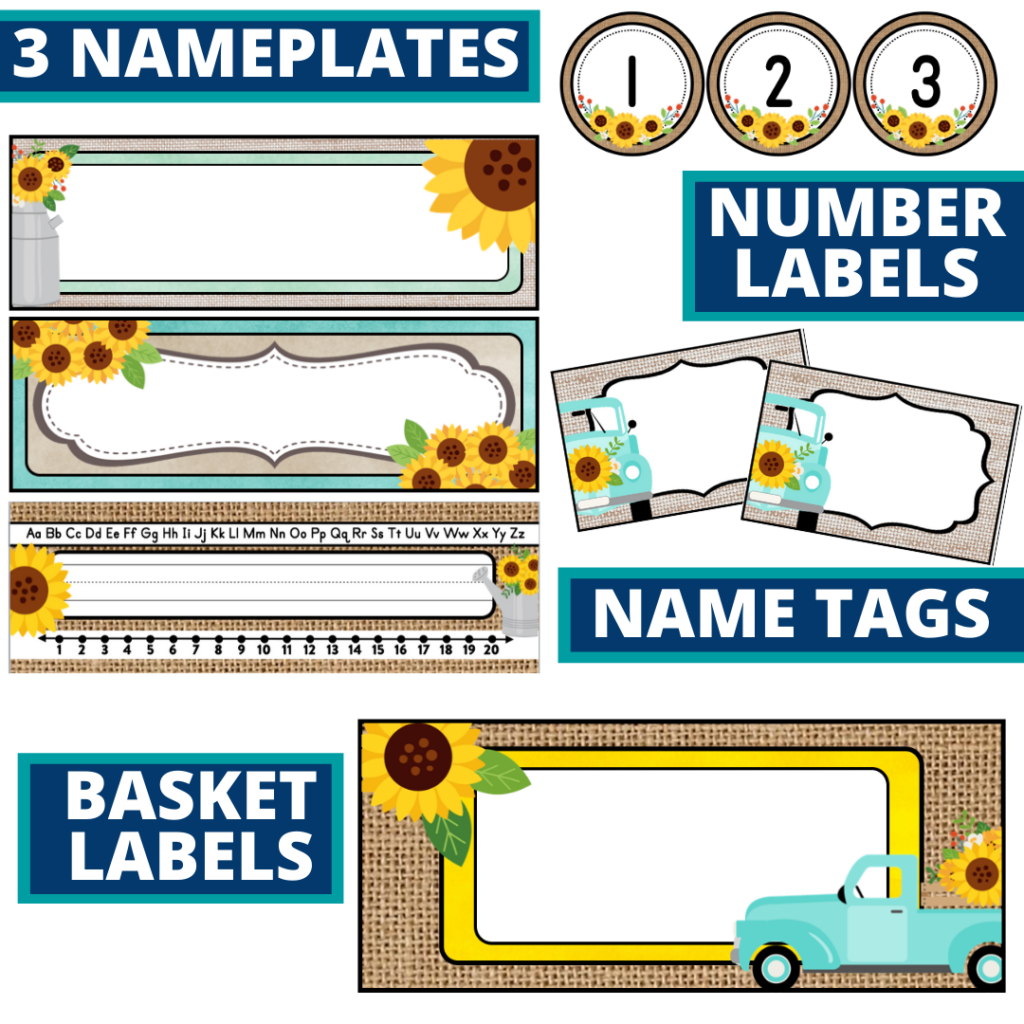 editable nameplates and basket labels for a sunflower themed classroom