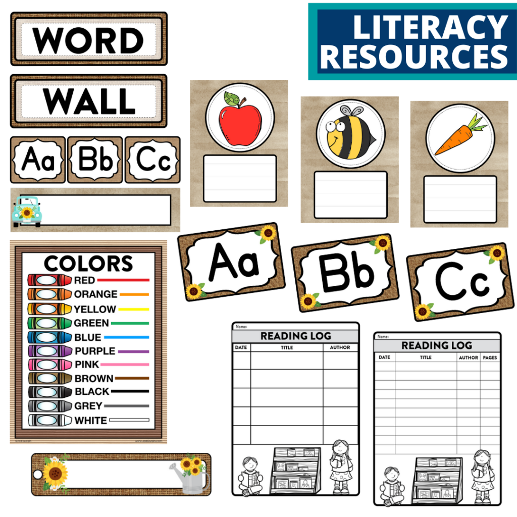 elementary classroom word wall and reading logs for a sunflower themed classroom