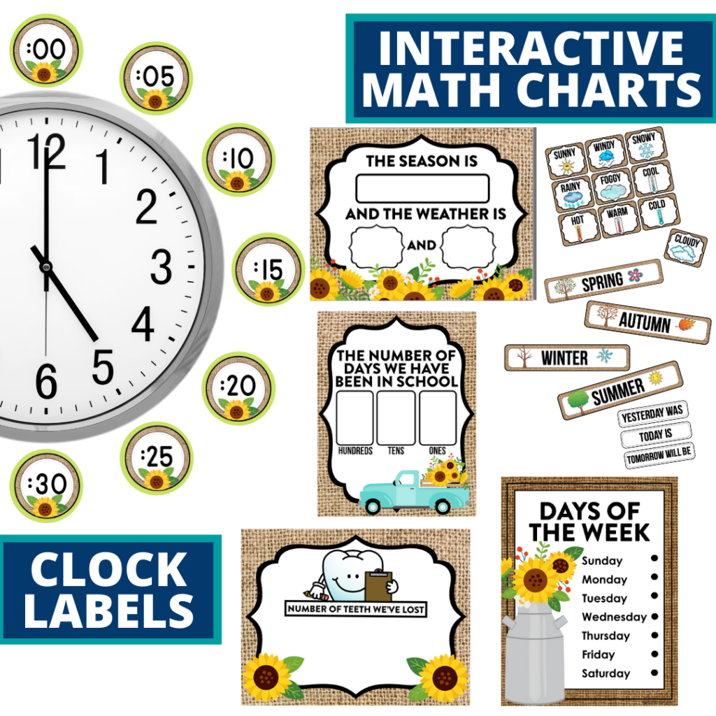 sunflower themed math resources for telling time, place value and the days of the week