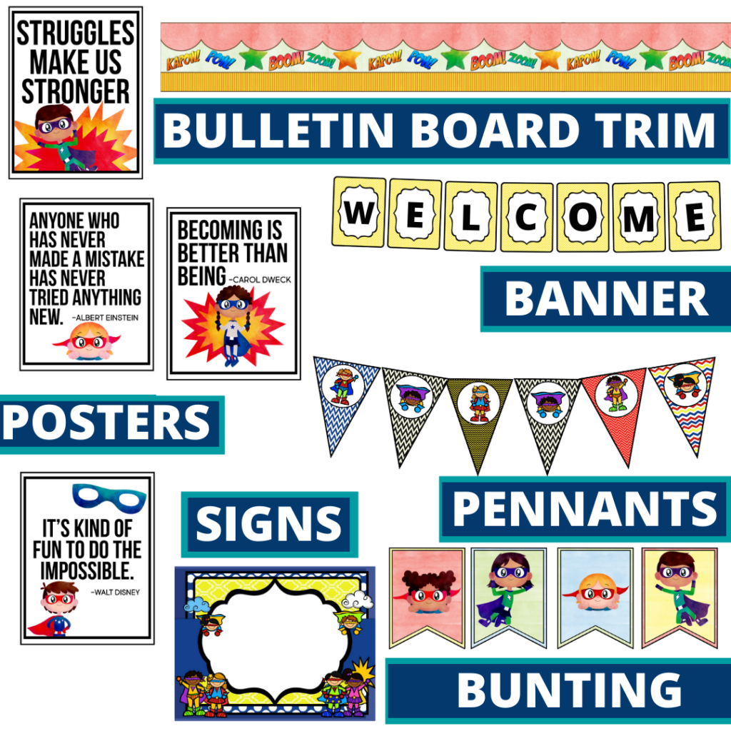 superheros theme bulletin board trim with pennants, banner and bunting