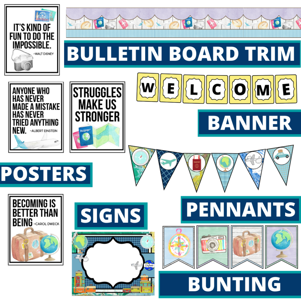 travel theme bulletin board trim with pennants, banner and bunting