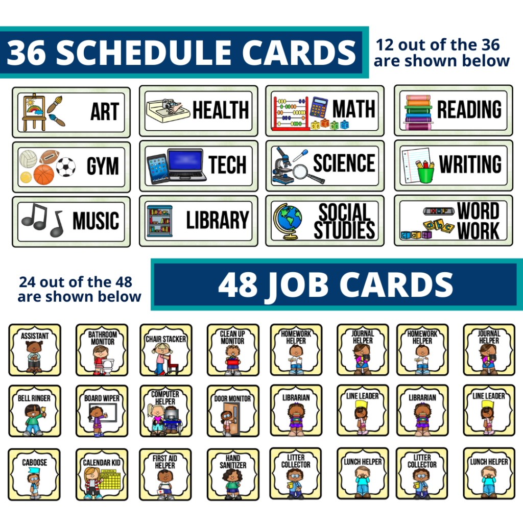 editable elementary schedule cards and job chart labels with a tropical theme