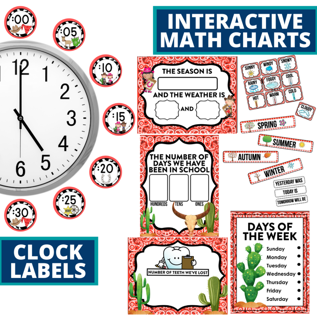 western themed math resources for telling time, place value and the days of the week