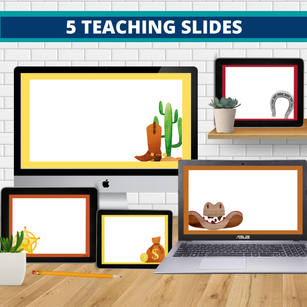 western theme google classroom slides and powerpoint templates for elementary teachers shown on computers