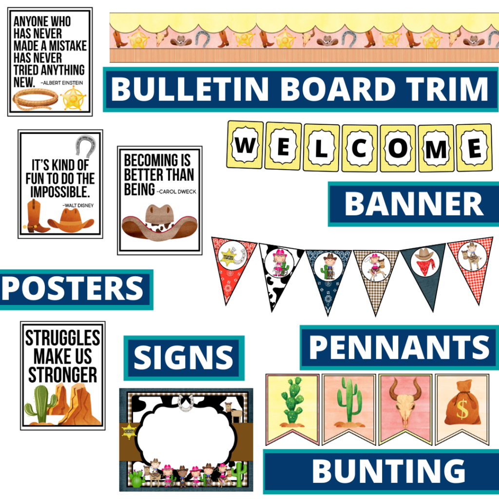 western theme bulletin board trim with pennants, banner and bunting