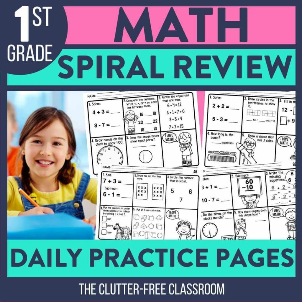 1st grade math spiral review worksheets as homework for the entire year