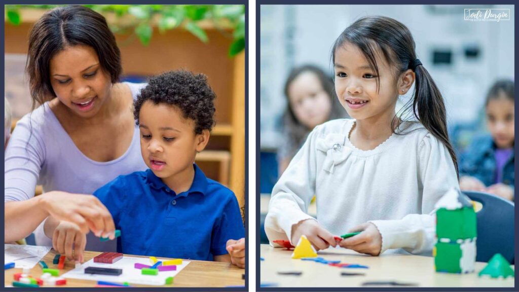 1st and 2nd grade students doing hands on math activities