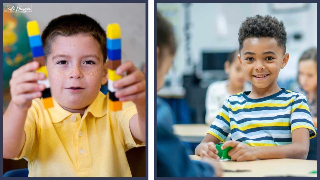 elementary students doing hands on math activities