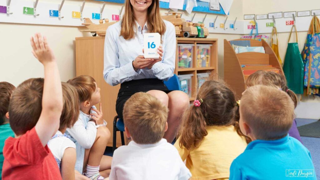 elementary classroom teacher doing math talk or a number talk with her students