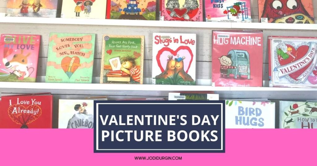 bookshelves with Valentine's Day books