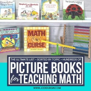 math picture books on a classroom shelf