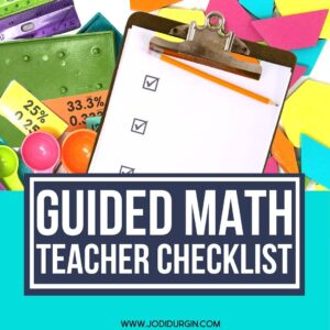 colorful math manipulatives and clipboard with guided math workshop checklist