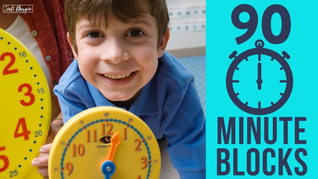 1st grader using clock for math workshop schedule