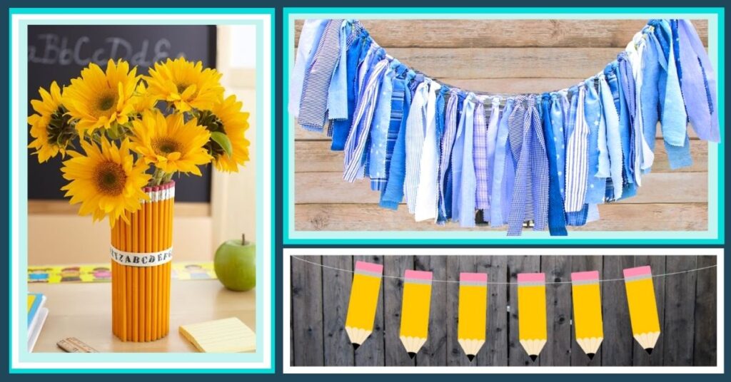 a collage of classroom decorations including banners and a pencil vase