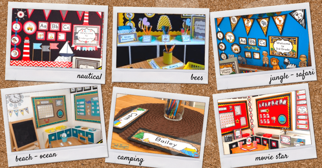 a collage of classroom themes including nautical, bees, jungle, beach, camping, and movie star