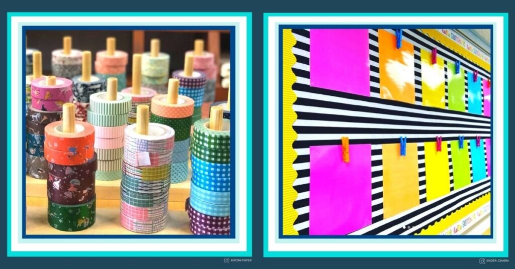 a colorful bulletin board wall display and stacks of patterned washi tape