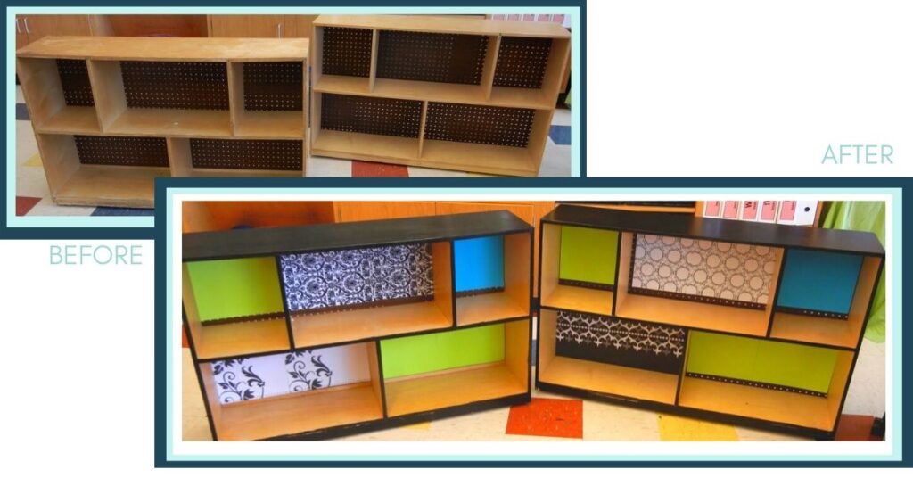 painted bookshelves with patterned scrapbook paper on them
