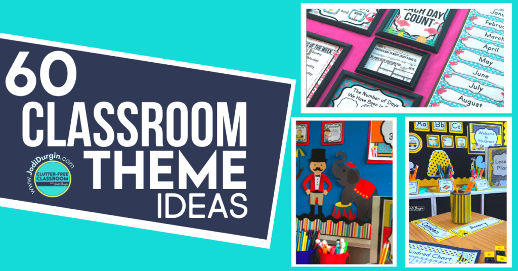 a collage of classroom theme ideas including circus, flamingo and bee