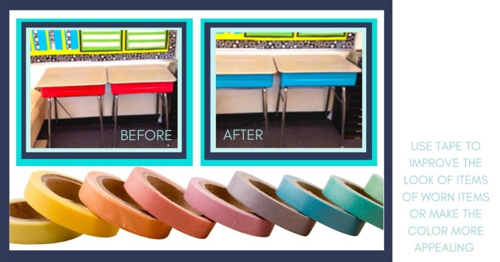 before and after photo of a student desk with duct tape diy project