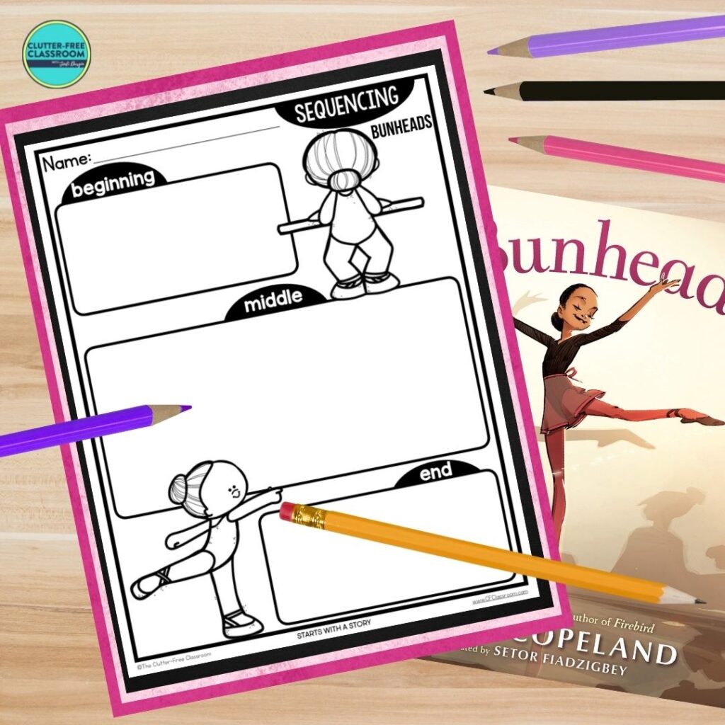 Bunheads book cover and sequencing worksheet
