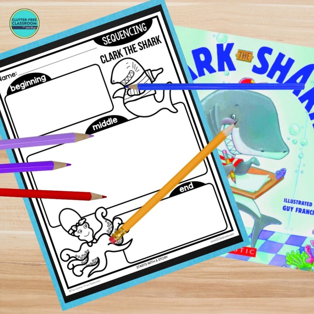 Clark the Shark book cover and sequencing worksheet