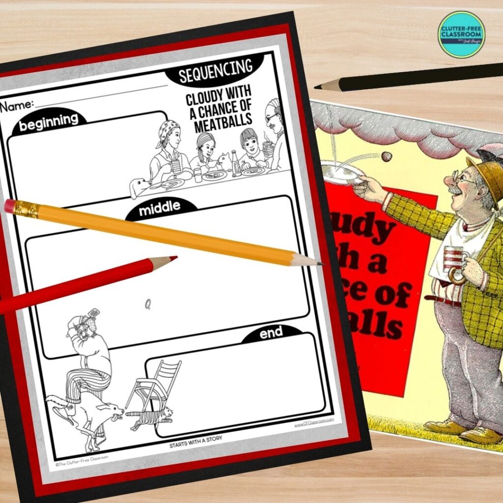 Cloudy With a Chance of Meatballs book cover and sequencing worksheet