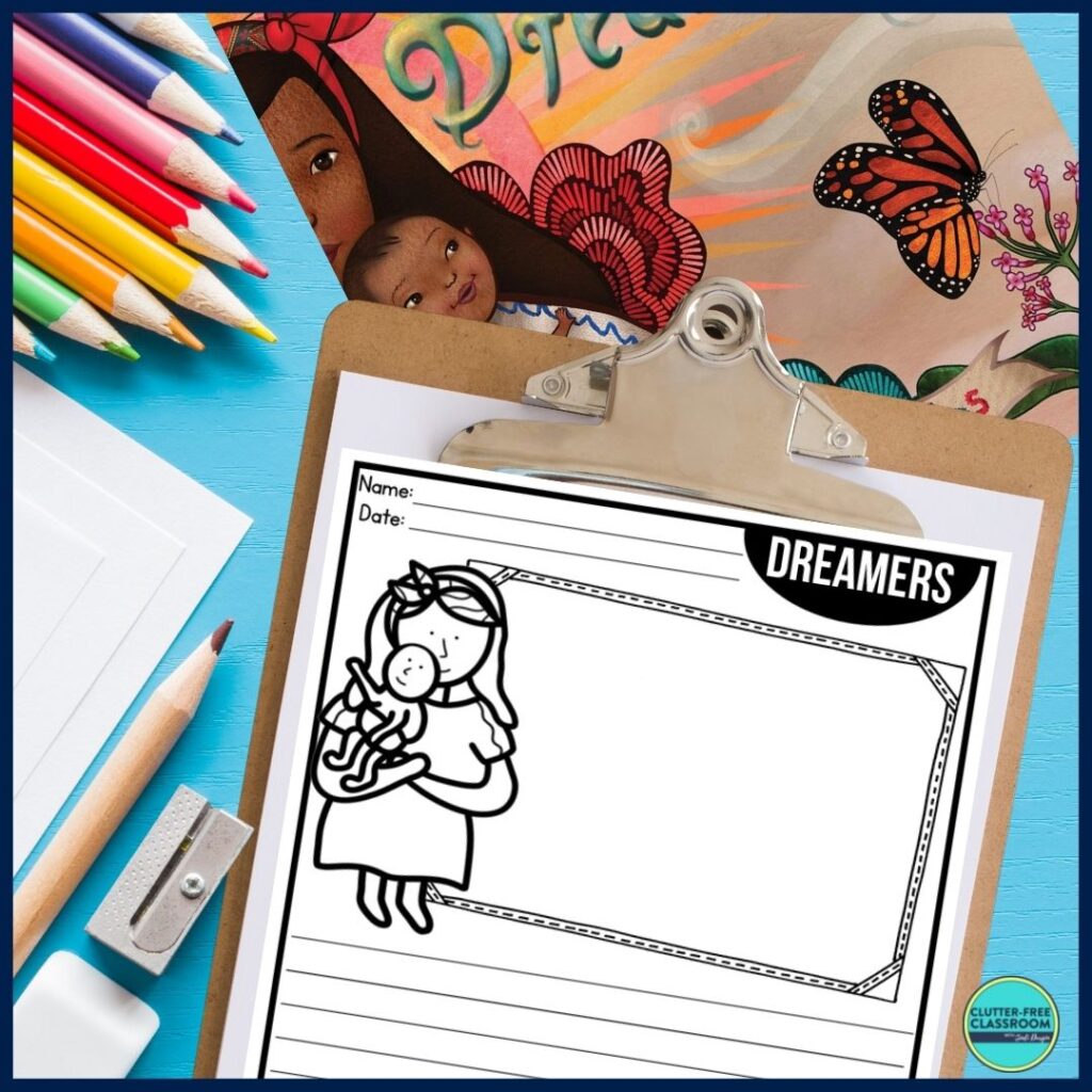 Dreamers book cover and writing paper