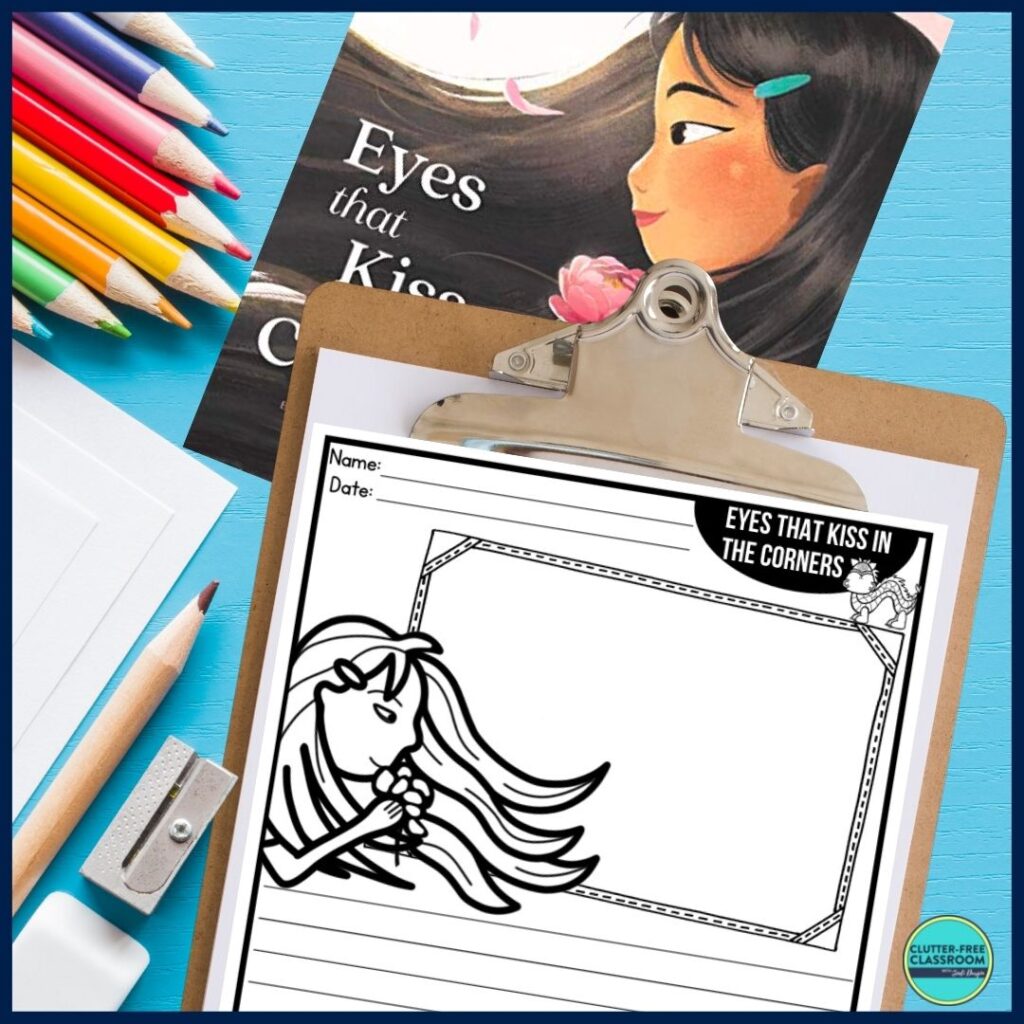 Eyes That Kiss in the Corners book cover and writing paper