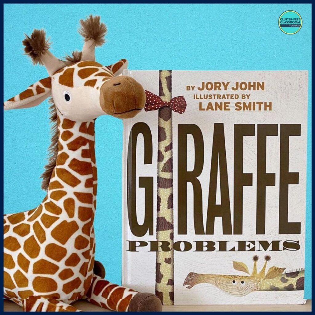 Giraffe Problems book cover and stuffed animal