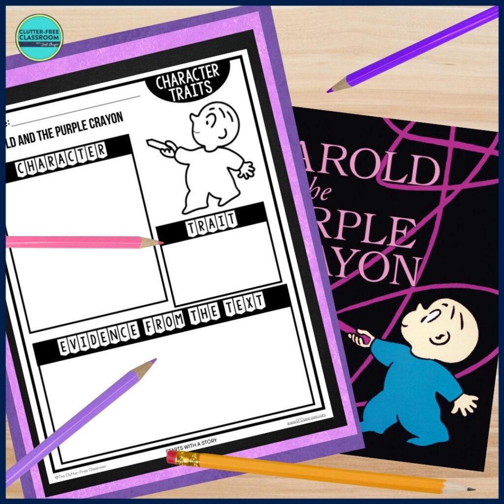 Harold and the Purple Crayon book cover and character traits worksheet