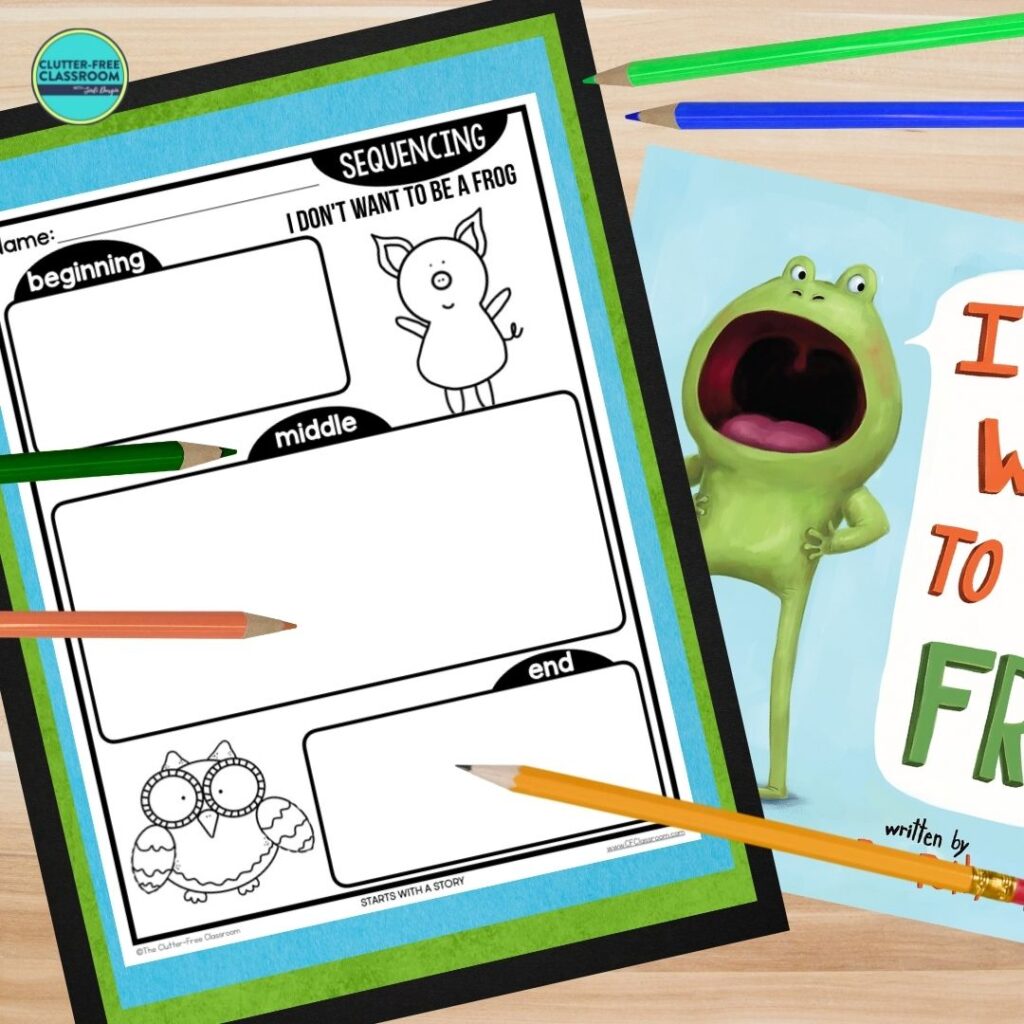 I Don't Want to be a Frog book cover and sequencing worksheet