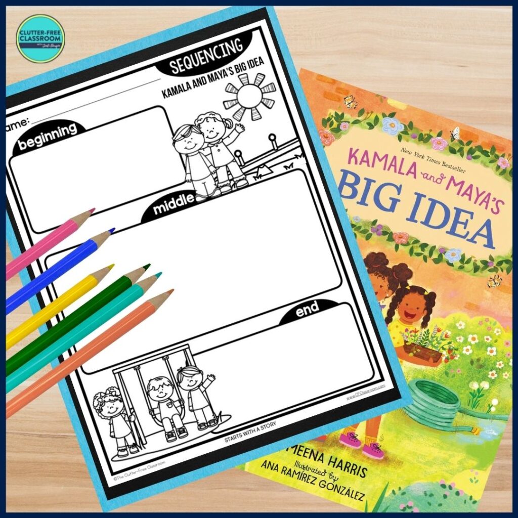 Kamala and Maya's Big Idea book cover and sequencing worksheet
