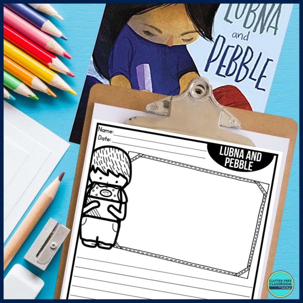 Lubna and Pebble book cover and writing paper